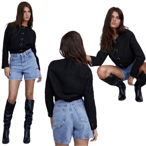 Zara Black tweed bomber jacket velvet button front Sz S - Picture 2 of 13